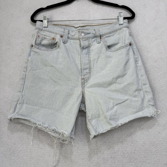 Levis 501 Shorts womens 29 Light Wash Blue Denim Distressed Button Fly Raw Hem - Picture 1 of 15